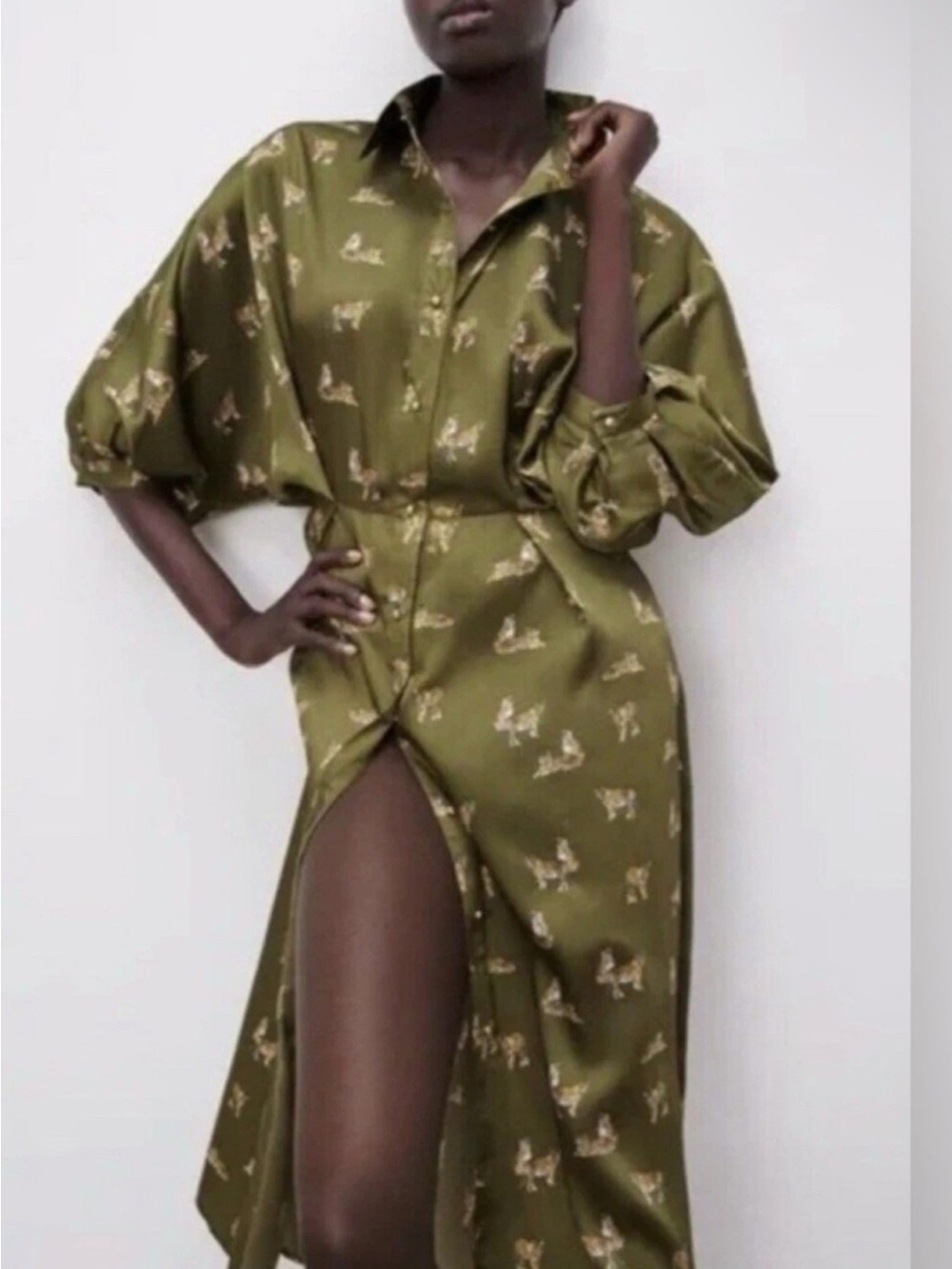 Zara Olive Green Satin Midi Shirt Dress - Picture 3 of 9